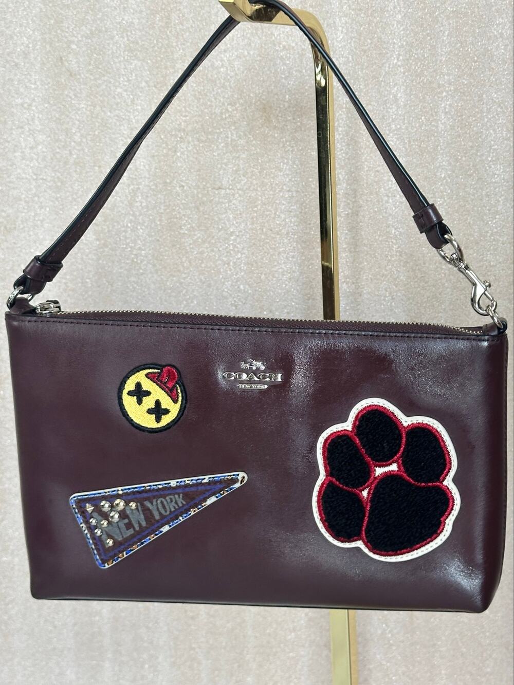 Coach Varsity Patchwork Leather Large Wristlet 20965 Oxblood NYC Paw